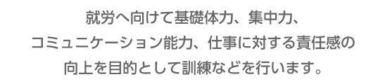 就労へ向けて基礎体力、集中力、コミュニケーション能力、仕事に対する責任感の向上を目的として訓練などを行います。